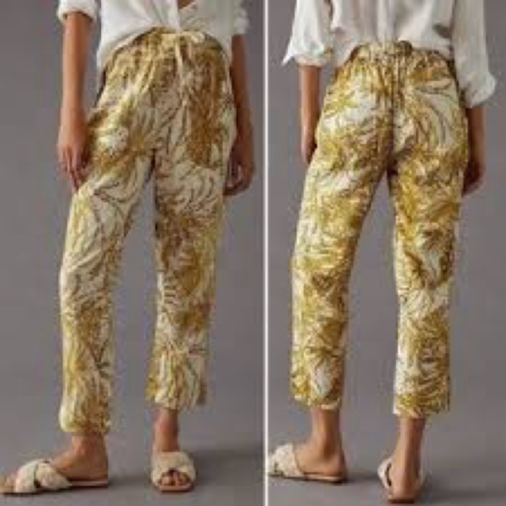 Anthropologie Pilcro Green and White Straight Leg Pants with Tropical Print